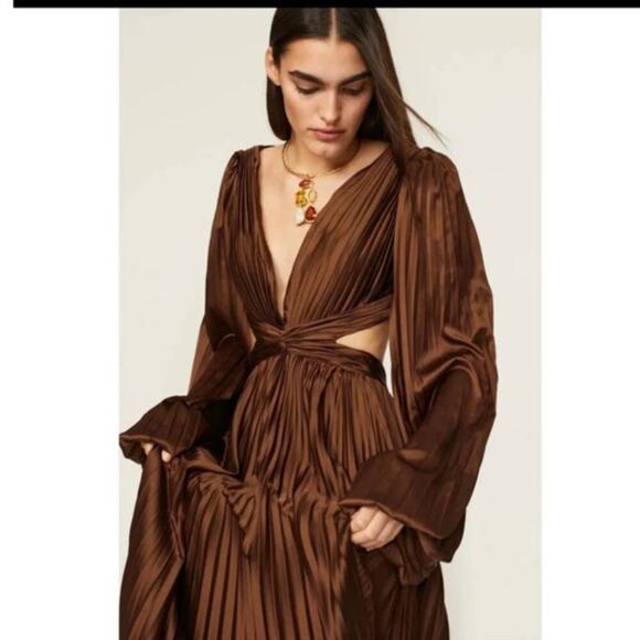 Ieena for Mac Duggal Brown Long Sleeve Pleated Full Skirt Cut Out Sides Gown 6 - Picture 14 of 16